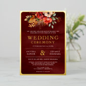 Invitation En Aluminium Rouge Maroon Floral Photo Mariage Indien Or (Debout devant)