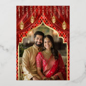 Invitation En Aluminium Rouge Maroon Floral Photo Mariage Indien Or (Verso)
