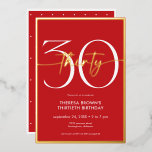 Invitation En Aluminium Rouge minimaliste moderne 30 Script Anniversaire<br><div class="desc">Moderne et chic, cette invitation à l'anniversaire allie le rouge classique et le blanc avec des accents de véritable feuille d'or. Le design minimal est un design simple et amusant pour célébrer l'anniversaire de l'événement. Cette version de la carte a un petit pois fantaisiste en arrière. Créé par Simply Farmhouse...</div>