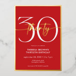Invitation En Aluminium Rouge minimaliste moderne 30 Script Anniversaire<br><div class="desc">Moderne et chic,  cette invitation à l'anniversaire allie le rouge classique et le blanc avec des accents de véritable feuille d'or. Le design minimal est un design simple et amusant pour célébrer l'anniversaire de l'événement. Créé par Simply Farmhouse Press.</div>