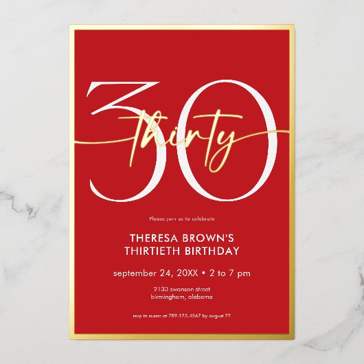 Invitation En Aluminium Rouge minimaliste moderne 30 Script Anniversaire (Recto)