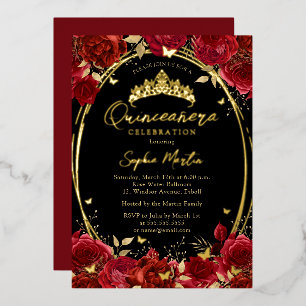 Invitation En Aluminium Rouge noir captivant papillon floral Quinceanera