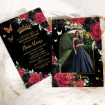 Invitation En Aluminium Rouge noir Rose Floral Quinceañera Sweet 16 Photo<br><div class="desc">Personnalisez cette élégante Quinceañera / Sweet 16 Anniversaire véritable invitation photo facilement et rapidement. Cliquez simplement sur le bouton Modifier à l'aide des outils de conception pour modifier le texte, modifier les polices et les couleurs des polices. Doté d'une belle floraison rose rouge et noire contre un arrière - plan...</div>