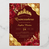 Invitation En Aluminium Rouge or dentelle florale Quinceanera (Recto)