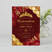 Invitation En Aluminium Rouge or dentelle florale Quinceanera (Debout devant)