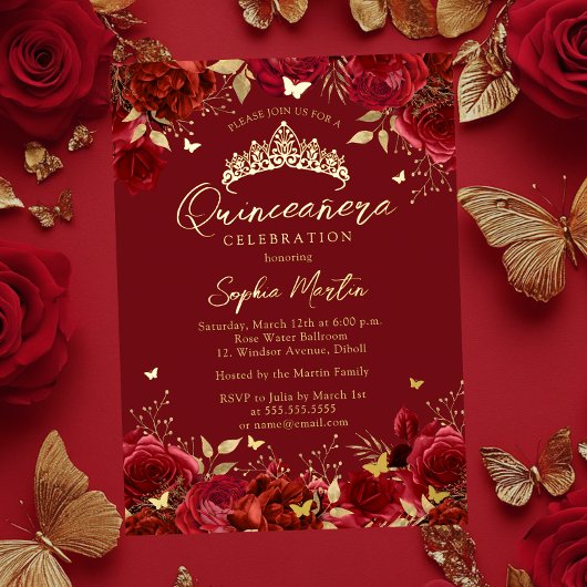 Invitation En Aluminium Rouge or Enchantant papillon floral Quinceanera