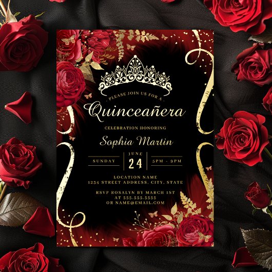 Invitation En Aluminium Rouge Or Noir Floral Scroll Quinceanera 