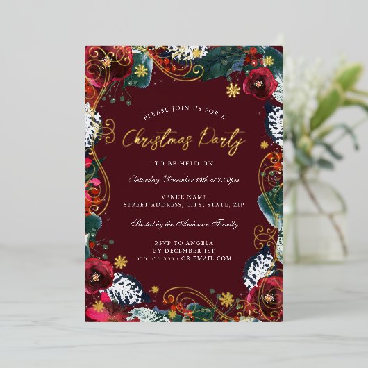 Invitation En Aluminium Rouge or vert blanc floral brun Noël (Debout devant)