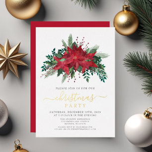 Invitation En Aluminium Rouge Poinsettia Floral Noël Party Gold