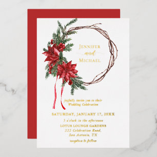 Invitation En Aluminium Rouge Poinsettia Pine vert Mariage de couronne