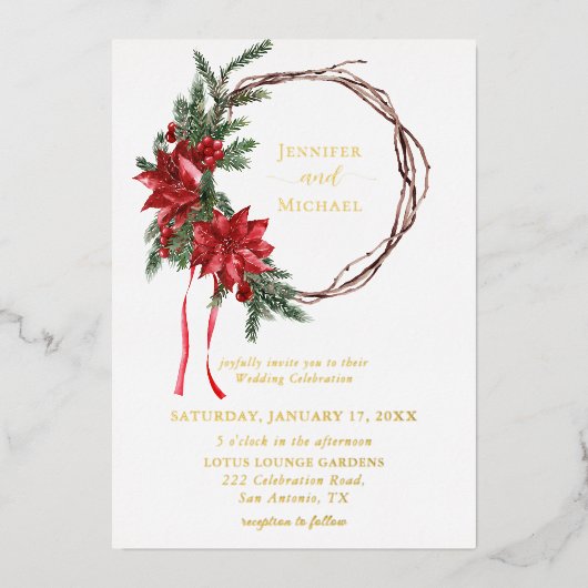 Invitation En Aluminium Rouge Poinsettia Pine vert Mariage de couronne (Recto)