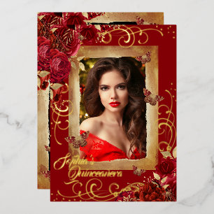 Invitation En Aluminium Rouge Quinceanera Photo Rose Papillon Or