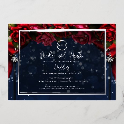 Invitation En Aluminium Rouge Rose Marine Blue Sparkle Mariage Silver (Recto)