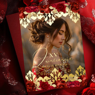 Invitation En Aluminium Rouge Rose or Damask Floral Photo Quinceanera