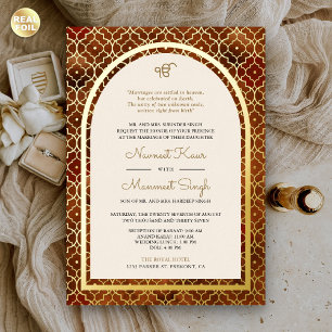 Invitation En Aluminium Rouge rust Motif marocain Sikh Arche Mariage Or