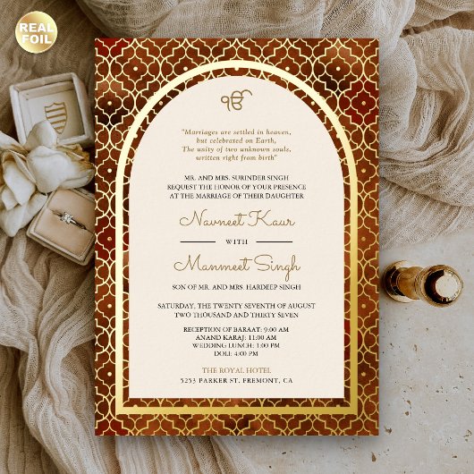 Invitation En Aluminium Rouge rust Motif marocain Sikh Arche Mariage Or