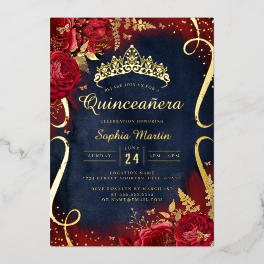 Invitation En Aluminium Rouges or Flore Défilé Marine Quinceanera (Recto)