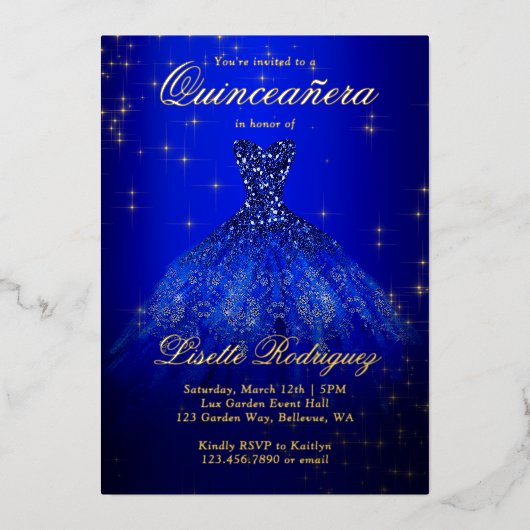 Invitation En Aluminium Royal Blue et or thème Quinceanera Real (Recto)