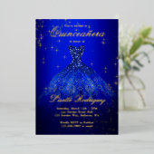 Invitation En Aluminium Royal Blue et or thème Quinceanera Real (Debout devant)