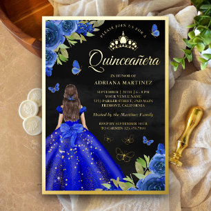 Invitation En Aluminium Royal Blue Floral Butterfly Black Quinceanera Gold