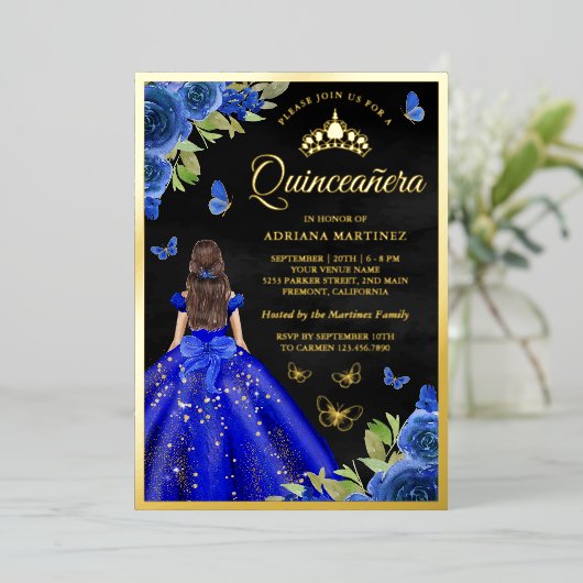 Invitation En Aluminium Royal Blue Floral Butterfly Black Quinceanera Gold (Debout devant)