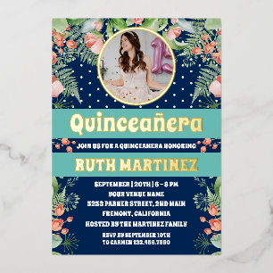 Invitation En Aluminium Royal Blue Gold Floral Quinceanera Party Photo