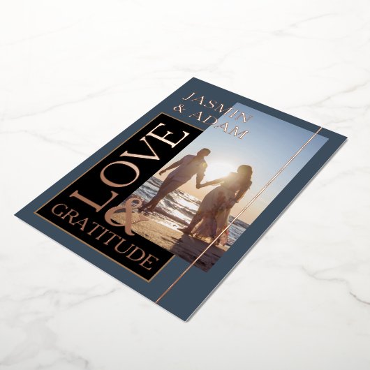 Invitation En Aluminium Royal Blue Gold Photo Mariage Amour et Gratitude (Rotation)