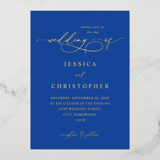 Invitation En Aluminium Royal Blue Moderne Calligraphie 3 Mariage (Recto)