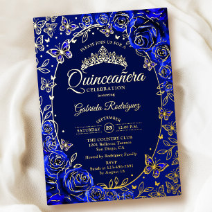 Invitation En Aluminium Royal Blue Or Papillons Roses Quinceanera