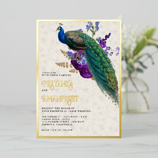 Invitation En Aluminium Royal Blue Purple Floral Indien Mariage Peacock (Debout devant)