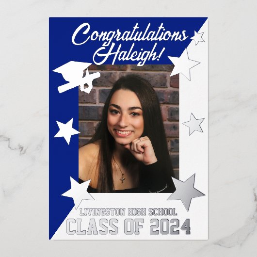 Invitation En Aluminium Royal Blue & White Diagonal Graduation Argent (Recto)