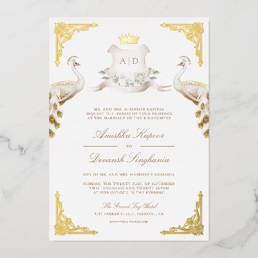 Invitation En Aluminium Royal Crest Indian White Peacock Mariage Gold (Recto)