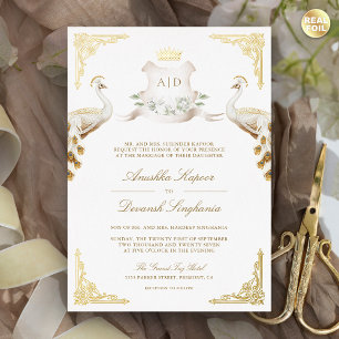 Invitation En Aluminium Royal Crest Indien Paon Blanc Mariage Or