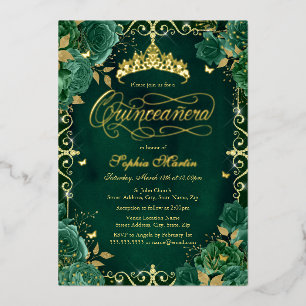 Invitation En Aluminium Royal Emerald Gold Butterfly Rose Quinceanera