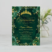 Invitation En Aluminium Royal Emerald Gold Butterfly Rose Quinceanera (Debout devant)