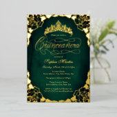 Invitation En Aluminium Royal Emerald Gold Élégant Script Quinceanera (Debout devant)