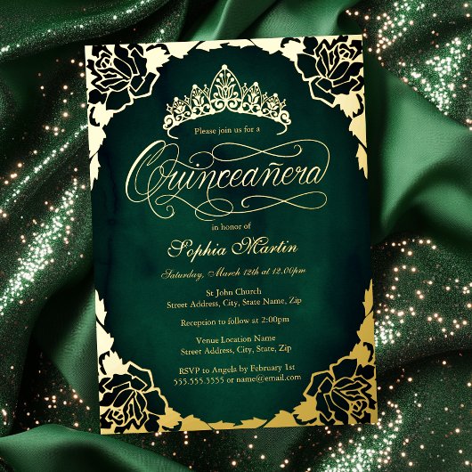 Invitation En Aluminium Royal Emerald Gold Élégant Script Quinceanera