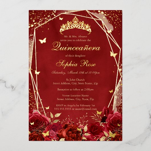 Invitation En Aluminium Royal Flower or Rouge Tiara Quinceanera (Recto)