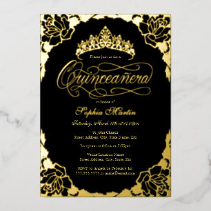 Invitation En Aluminium Royal Gold Black Élégant Script Quinceanera