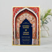 Invitation En Aluminium Royal Indian Palace Red Arch Blue Mariage Gold (Debout devant)