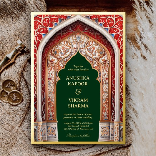 Invitation En Aluminium Royal Indian Palace Red Arch Green Mariage Gold