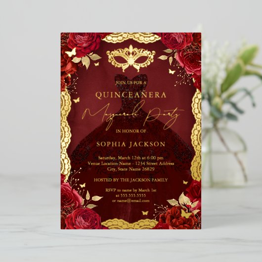 Invitation En Aluminium Royal Masquerade Party Red Gold Gown Quinceanera (Debout devant)