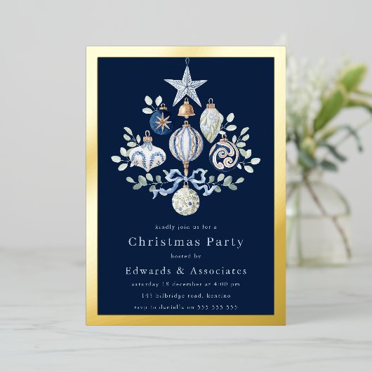 Invitation En Aluminium Royal Navy Blue & Gold Border Christmas Party (Debout devant)