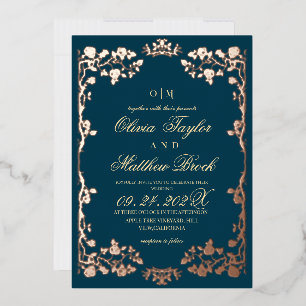 Invitation En Aluminium Royal sarcelle et rose or feuille floral le mariag