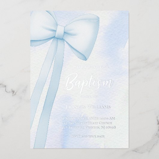 Invitation En Aluminium ruban bleu | Baptême (Recto)