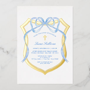 Invitation En Aluminium Ruban bleu clair Couronne dorée Baptême