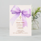 Invitation En Aluminium Ruban lavande crème fille Confirmation or rose (Debout devant)