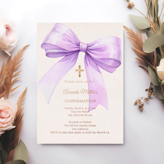 Invitation En Aluminium Ruban lavande crème fille Confirmation or rose