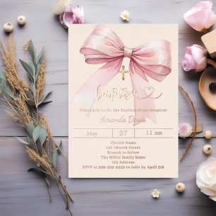 Invitation En Aluminium Ruban rose crème fille luxe Baptême rose or
