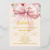 Invitation En Aluminium Ruban rose crème fleurs fille Baptême or (Recto)
